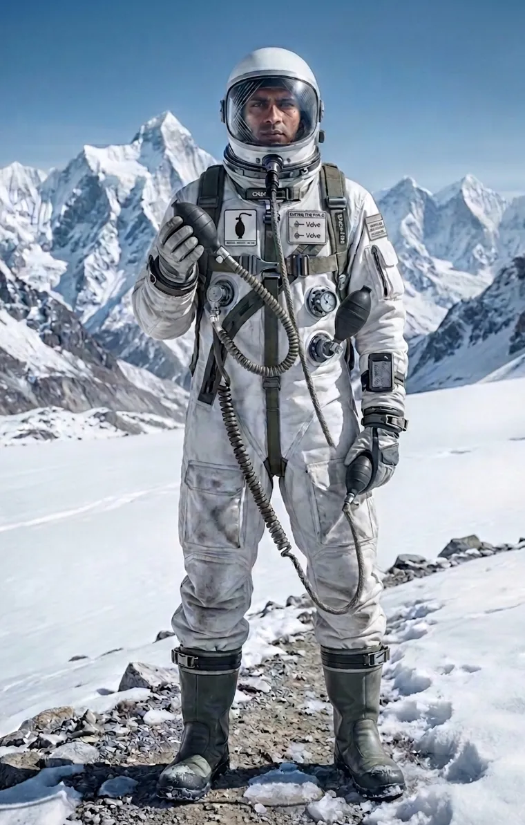 Concept render of a person wearing the P Suit on a snowy mountain trail