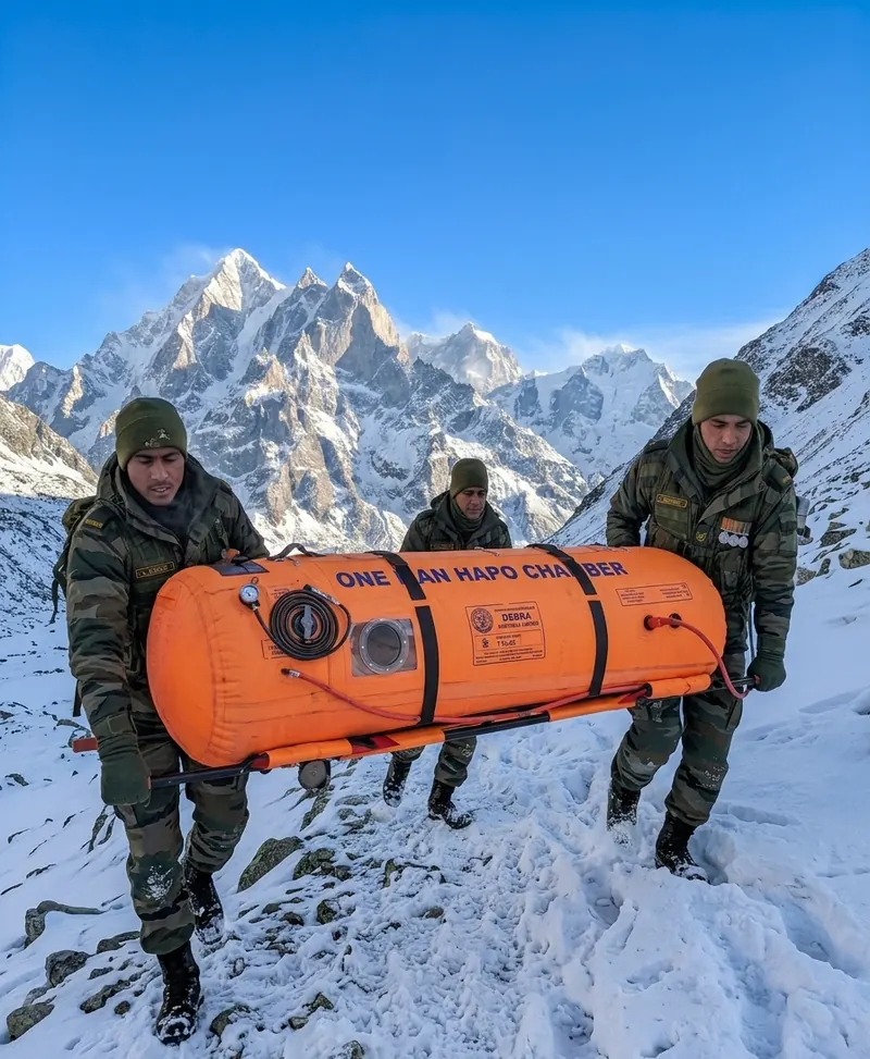 Illustration of three soldiers carrying an orange portable hyperbaric chamber across snow