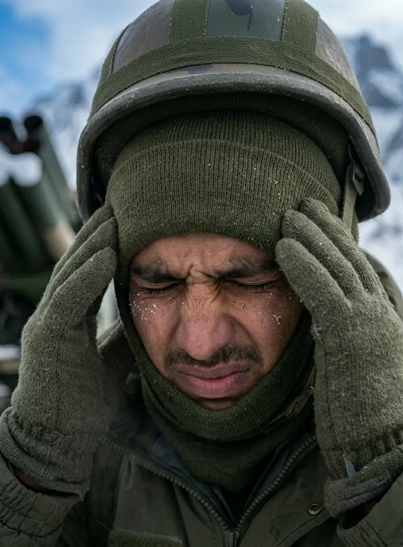 Illustration of a soldier in cold-weather gear holding his head in pain from altitude sickness
